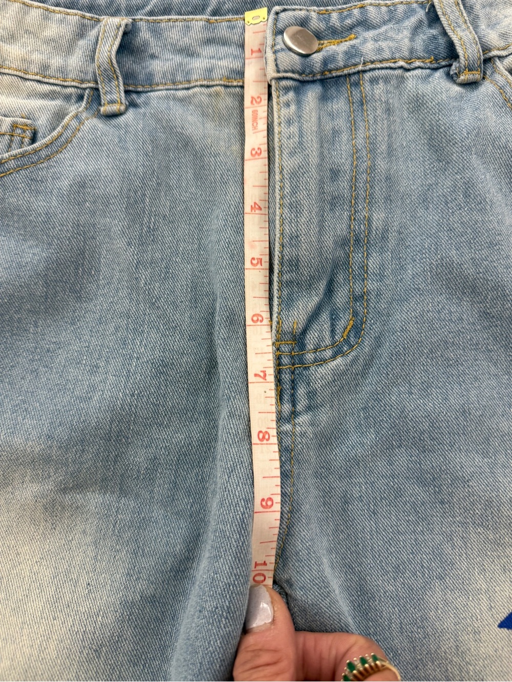 Boutique Light Wash Blue Printed Star Barrel Jeans Rounded Leg High Rise Sz M /L - Picture 13 of 14